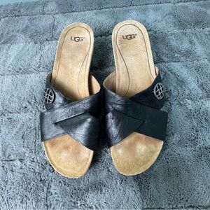 UGG Lyra Wedge Sandals Women Size 8.5 Black Leather Open Toe
